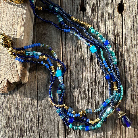 Shades of Blue and Gold Multi Gemstone Beaded 18" Necklace