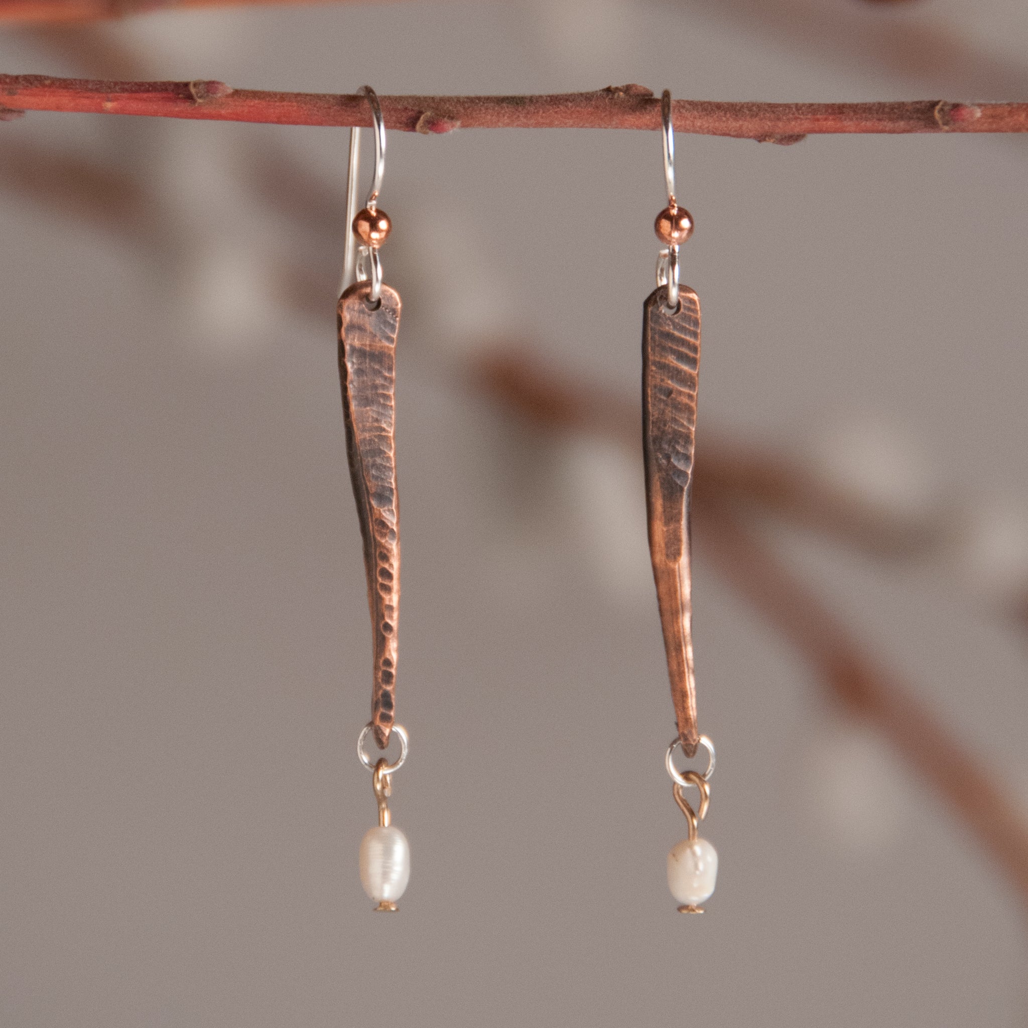 Copper Bar and Pearl Drop Earrings