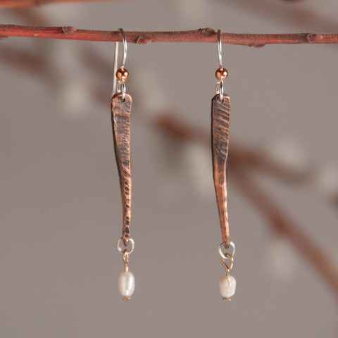 Copper Bar and Pearl Drop Earrings