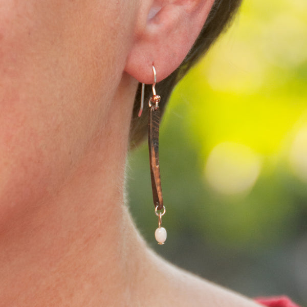 Copper Bar and Pearl Drop Earrings