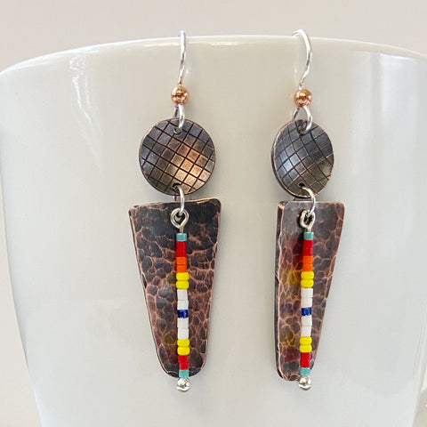 Hammered Copper with a Strip of Color Earrings