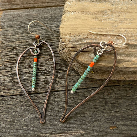 Hammered Copper Heart with Strip of Turquoise Earrings