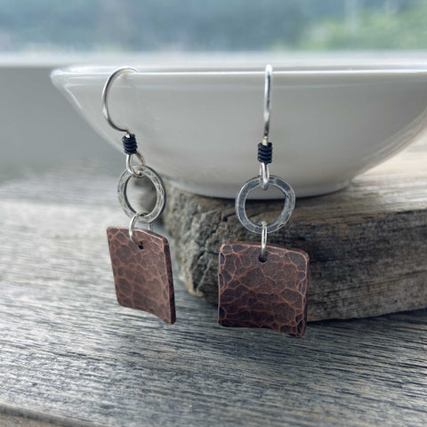 Sterling Silver Ring and Copper Square Earrings