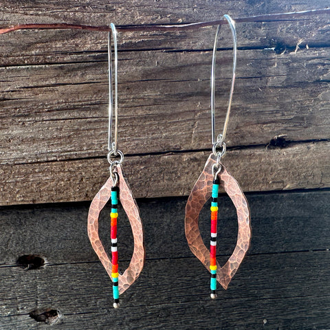 Rustic Copper Leaf with Strip of Color Earrings