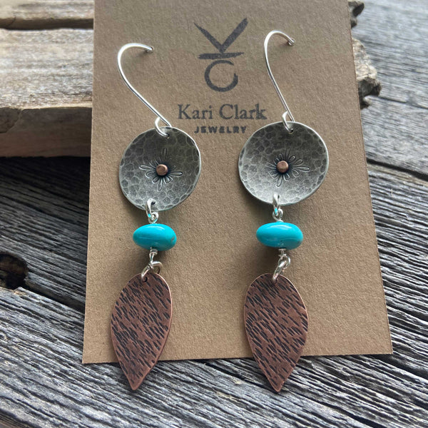 Sterling Silver, Copper and Turquoise Earrings