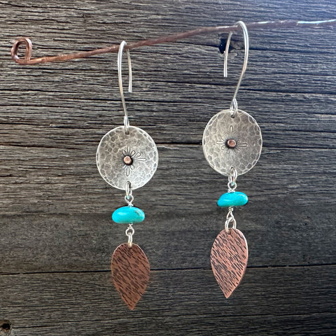 Sterling Silver, Copper and Turquoise Earrings