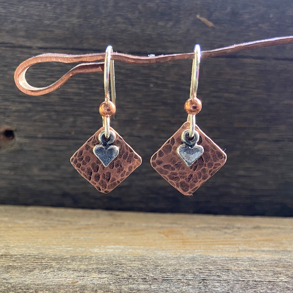 Charming Rustic Copper and Sterling Silver Heart Earrings