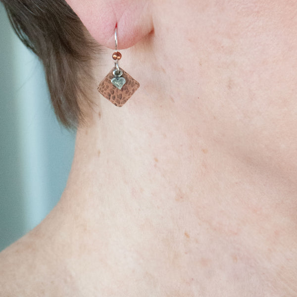 Charming Rustic Copper and Sterling Silver Heart Earrings