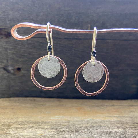 Sterling Silver Disc and Copper Ring Earrings
